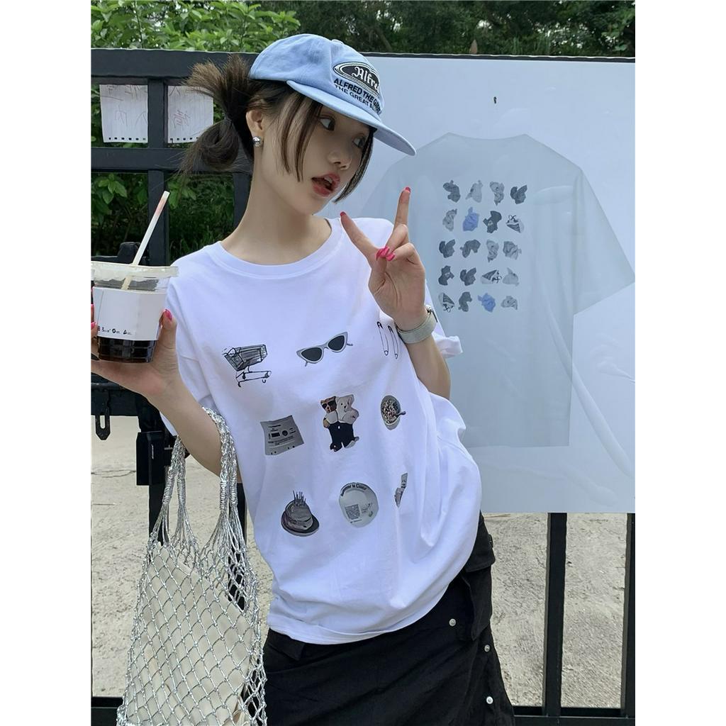 Áo thun Peppermint dáng rộng tay ngắn in hình phong cách retro Hàn Quốc thời trang mùa hè năng động cho nữ 52302