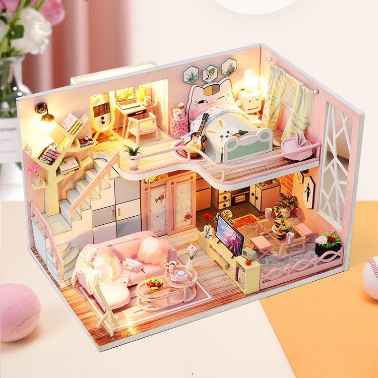 Mô hình nhà DIY Doll House Flower Story Kèm Mica Chống bụi, Bộ dụng cụ và Keo dán