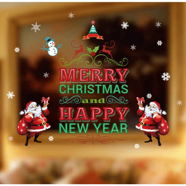 Decal trang trí tường Noel - Merry Christmas and Happy New Year Xanh Đỏ