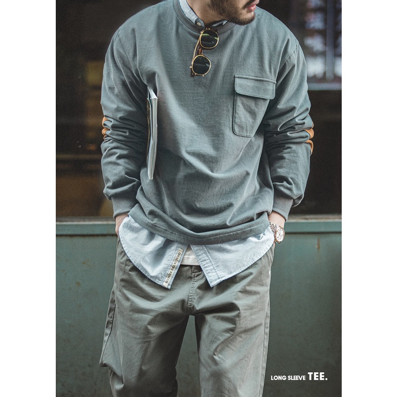 Áo thun sweater Maden tay dài cổ tròn bằng cotton thiết kế vá phong cách Nhật trẻ trung cổ điển cho nam