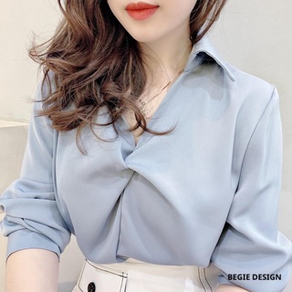 Áo sơ mi nữ thiết kế lụa mềm cổ đức xoắn ngực trơn công sở A819 BEGIE