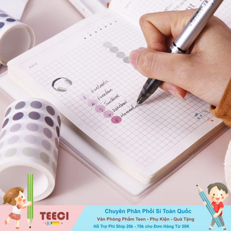 &lt;Video Review&gt; Cuộn Miếng Dán Sticker Washi Họa Tiết Hình Chấm Tròn Trang Trí Bullet Journal Nhật Ký DIY Sổ Vở D188