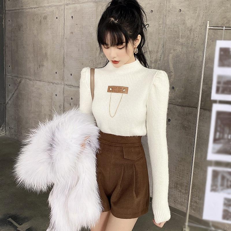 Áo Croptop Dệt Kim Tay Dài Cổ Lọ Phong Cách Hàn Quốc