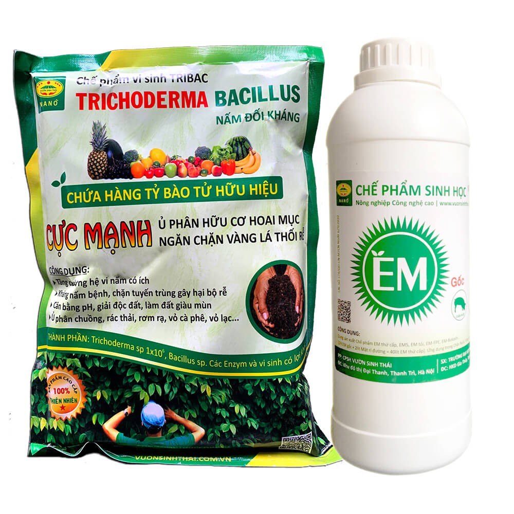 Combo 1kg Nấm đối kháng Trichoderma TRIBAC và 1 lít Chế phẩm EM gốc. Ủ phân cá, rác bã hữu cơ hoai mục khôn