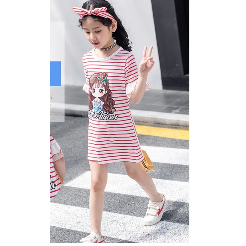 Váy bé gái kẻ ngang đính hình cô gái xinh xắn size 15-32kg VH25