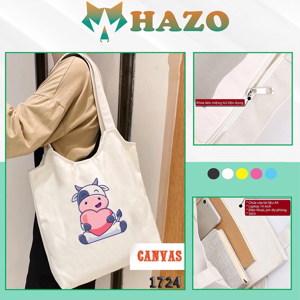 Túi Tote Trắng Chất Vải Canvas 1024 487 Bò Sữa Trái Tim Dễ Thương Hàng Chuẩn Đẹp - Hazo