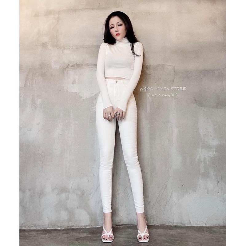 Quần jeans ôm trắng trơn cạp cao chất co dãn xịn