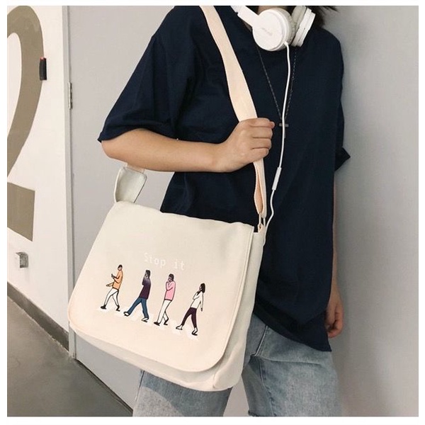 Túi Xách Đeo Vai Vải Cotton Canvas Cỡ Lớn Kiểu Nhật Bản Cá Tính Cho Nam Và Nữ