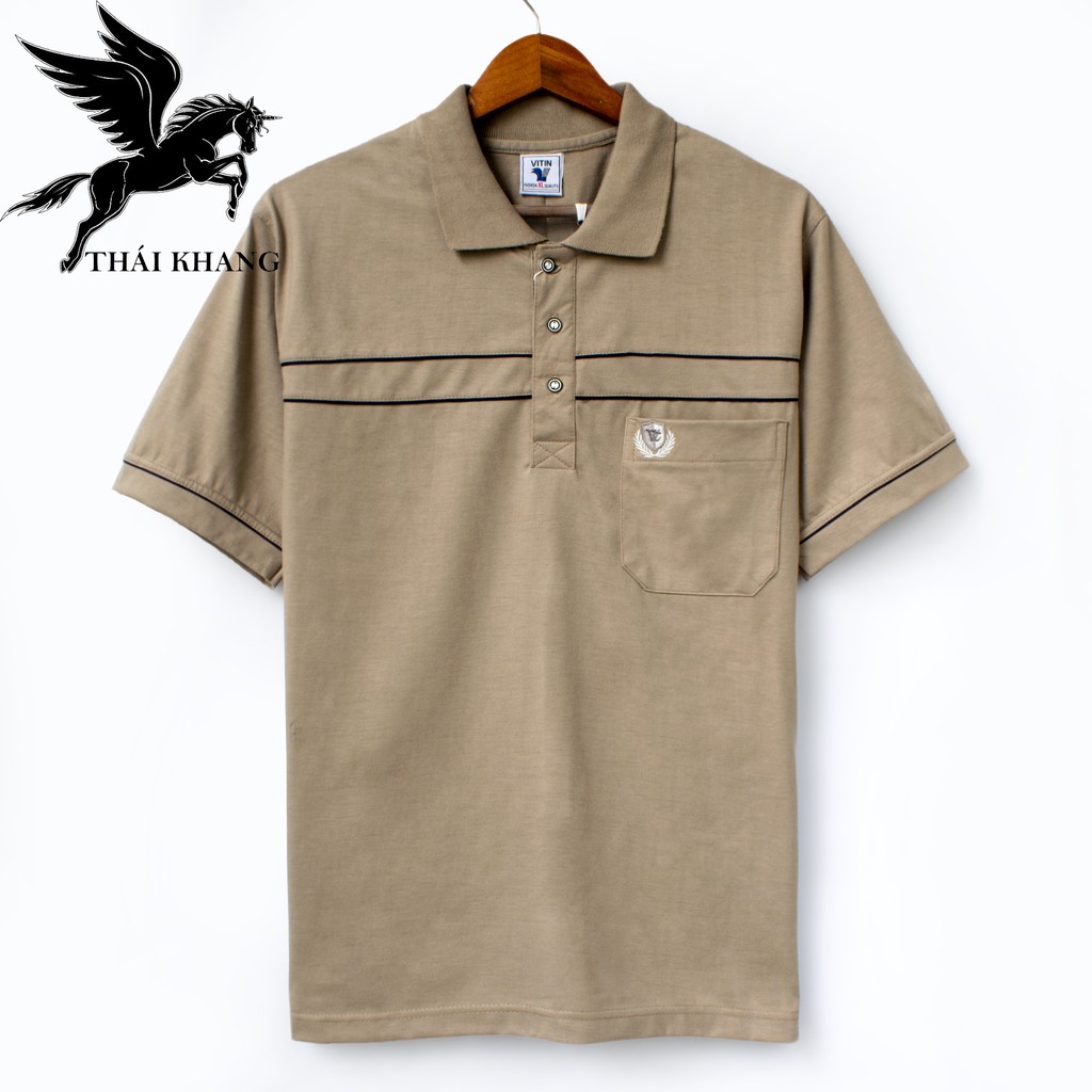 Áo thun nam có cổ trung niên vải cotton xịn loại áo thun nam form rộng rãi cho người lớn tuổi có túi Vitin ATVOG01