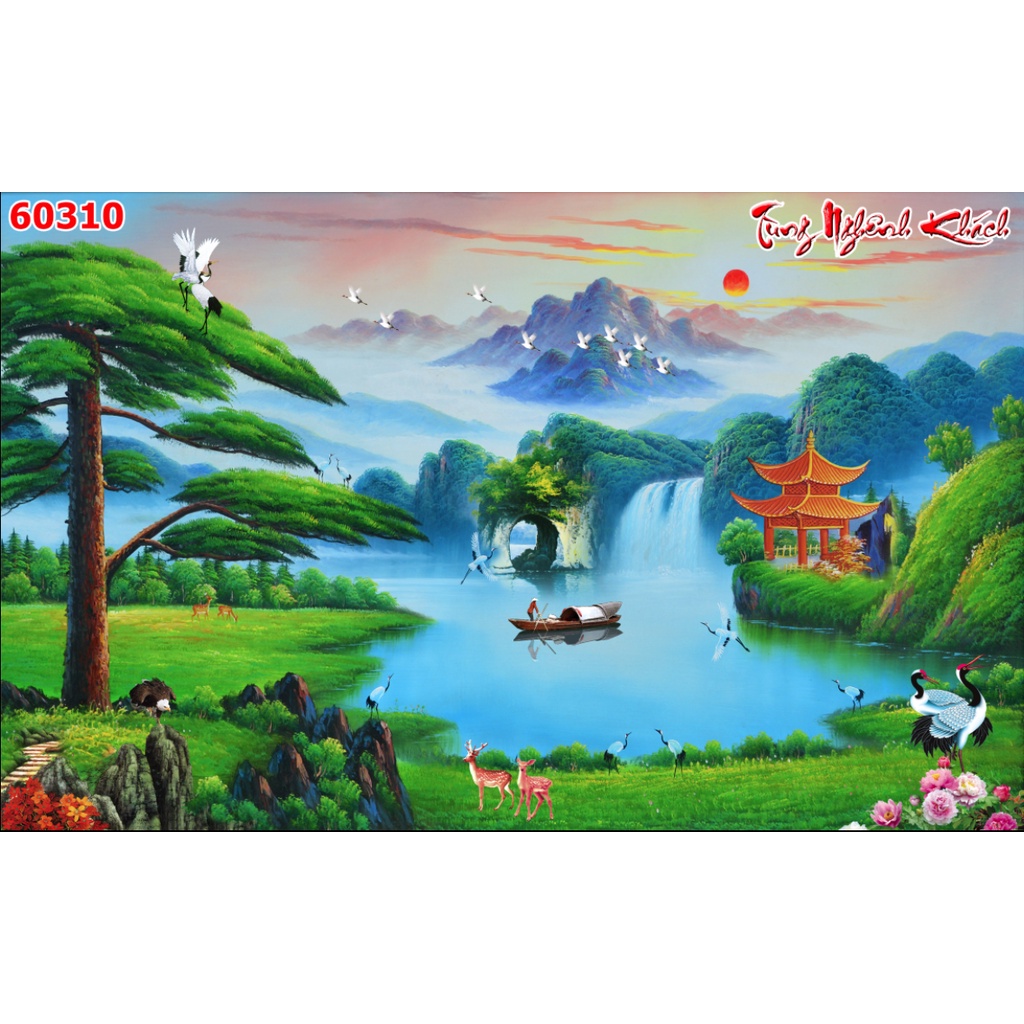 Tranh 3D phong cảnh thác nước chảy, sông suối nên thơ