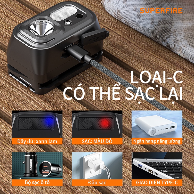 Đèn Pin Đội Đầu SUPERFIRE HL23 Đèn Pha Siêu Sáng LED Có Thể Sạc Lại