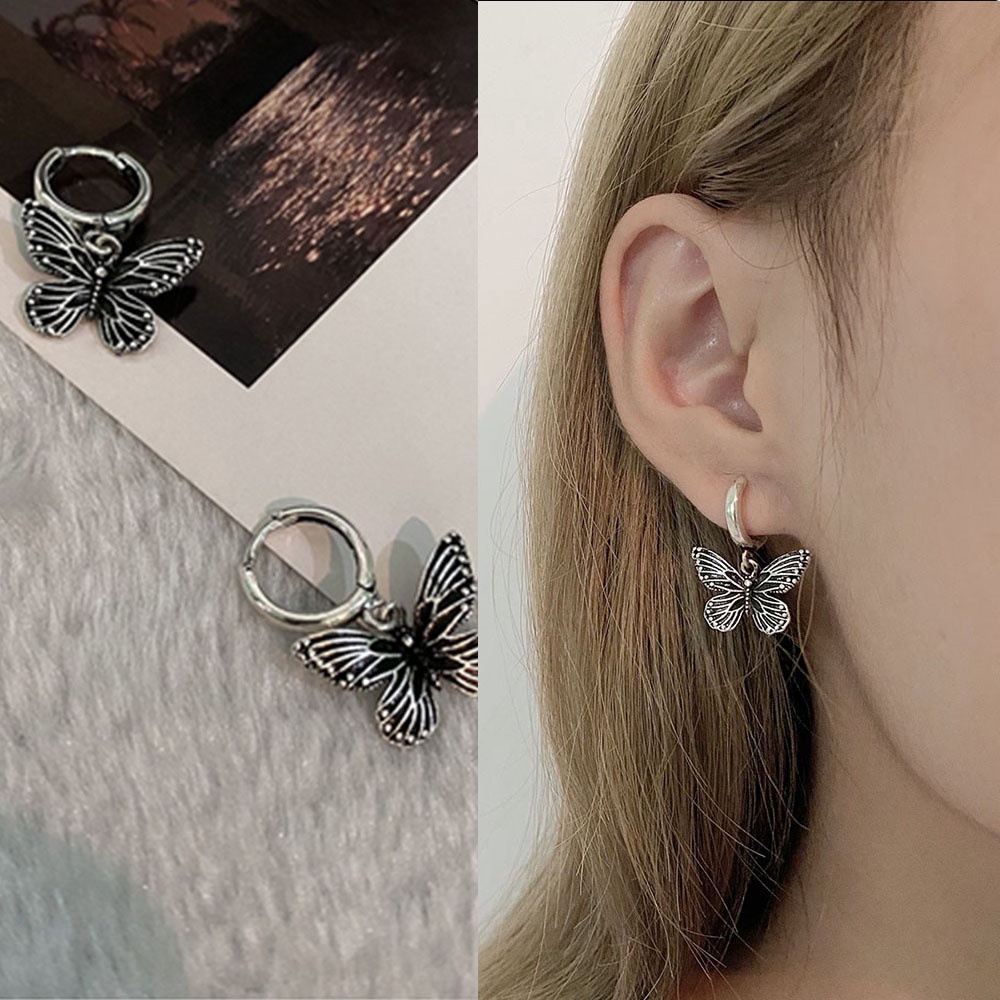 Khuyên tai dáng dài hình bướm màu bạc phong cách harajuku cổ điển cá tính cho nữ