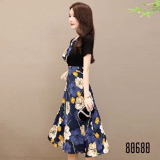 [MẪU MỚI]Đầm Thun Nhập Phối Lụa Hoa,Cổ  Ép Đá Siêu Hot 80680