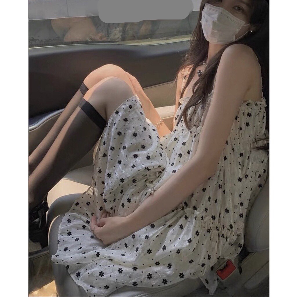 Đầm Hoa🌸Váy Hai dây chấm bi phối form rộng xoè dài bánh bèo tiểu thư mặc đi Biển đi Chơi cá tính Ulzzang