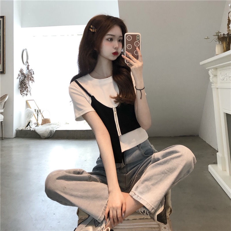 Áo Thun Ngắn Tay Giả Hai Lớp Phong Cách Hàn Quốc Thời Trang Mùa Hè Mới 2022 Dành Cho Nữ