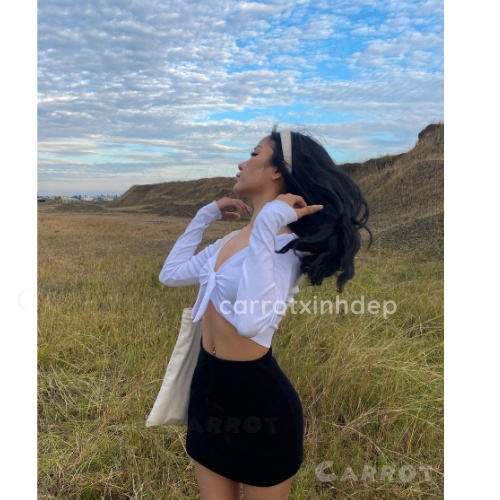 Set áo croptop nữ cột nơ tay dài hở lưng sexy, chân váy basic ôm tôn dáng thiết kế đi chơi đi chụp ảnh Carrotxinhdep