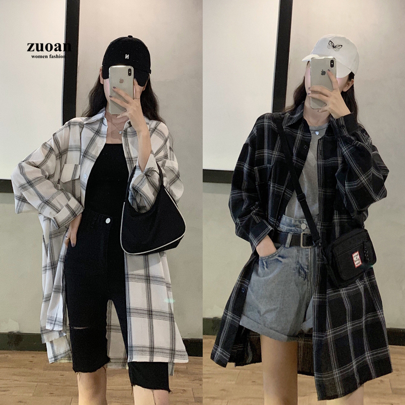 SUXI Áo sơ-mi tay dài họa tiết kẻ ca rô hợp thời trang cho nữ