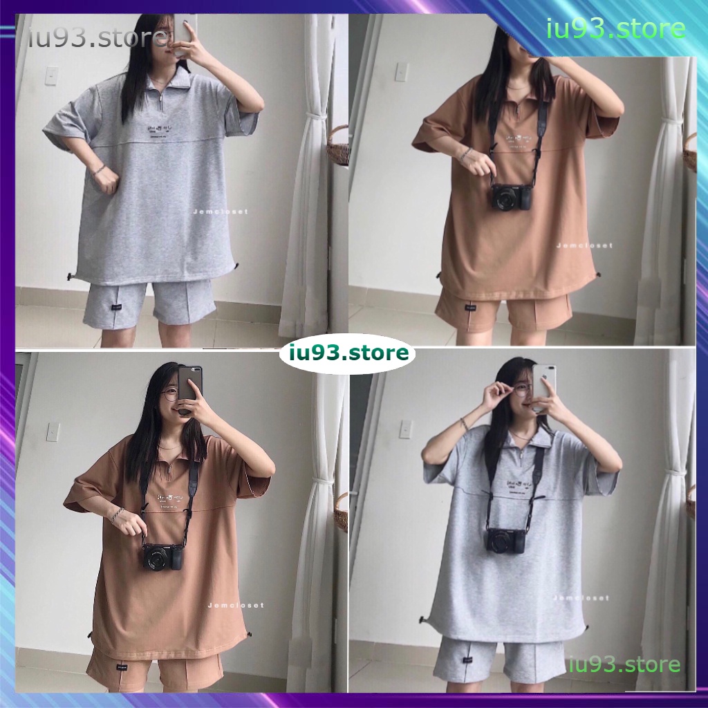 SET BỘ POLO KHÓA CỔ RÚT DÂY IN CHỮ HÀN QUỐC MIX QUẦN SHORT SỌC VIỀN 2 MÀU XÁM NÂU - iu93.store