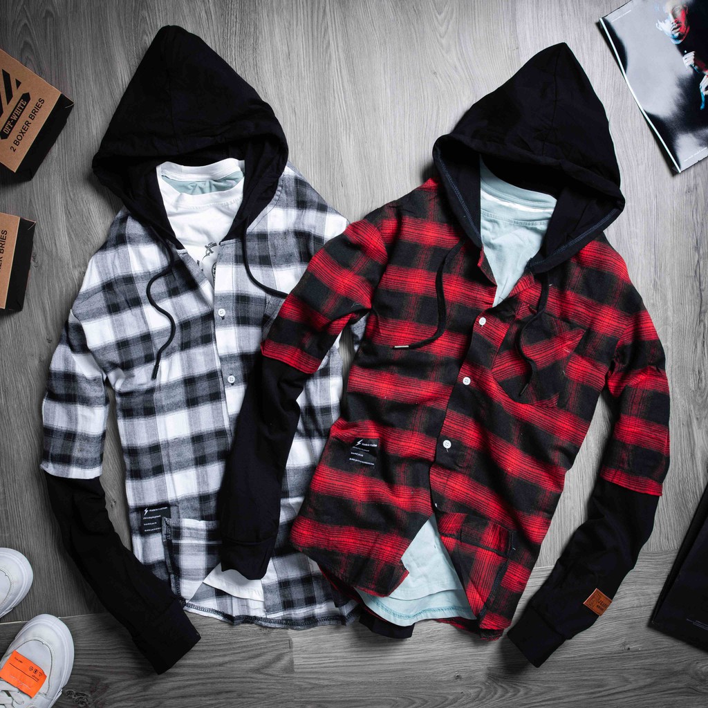 Áo sơmi nam chất cotton kẻ dạ caro có mũ cao cấp - Mã DA12