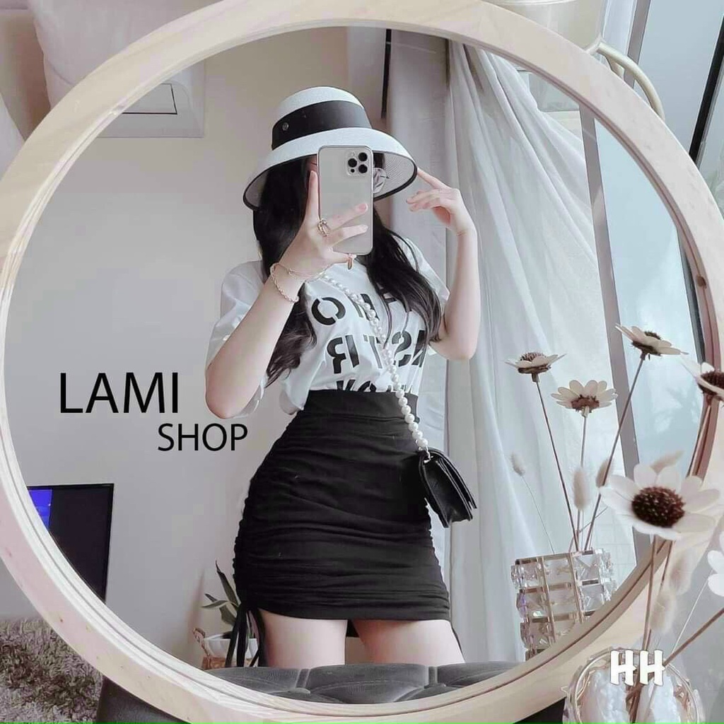SÉT ÁO SƠ MI IN CHỮ & CHÂN VÁY RÚT DÂY 2 BÊN SIÊU CUTE , CHẤT THUN COTTON MỀM MỊN QC