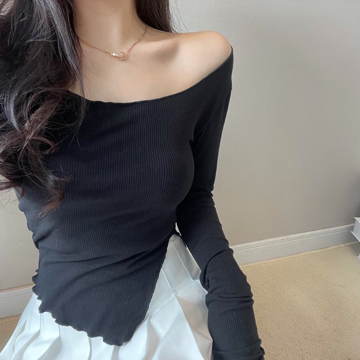 Áo croptop dài tay nữ xẻ vạt Wikishop màu đen trắng ghi freesize form ôm sexy thun co giãn phong cách hàn quốc C497