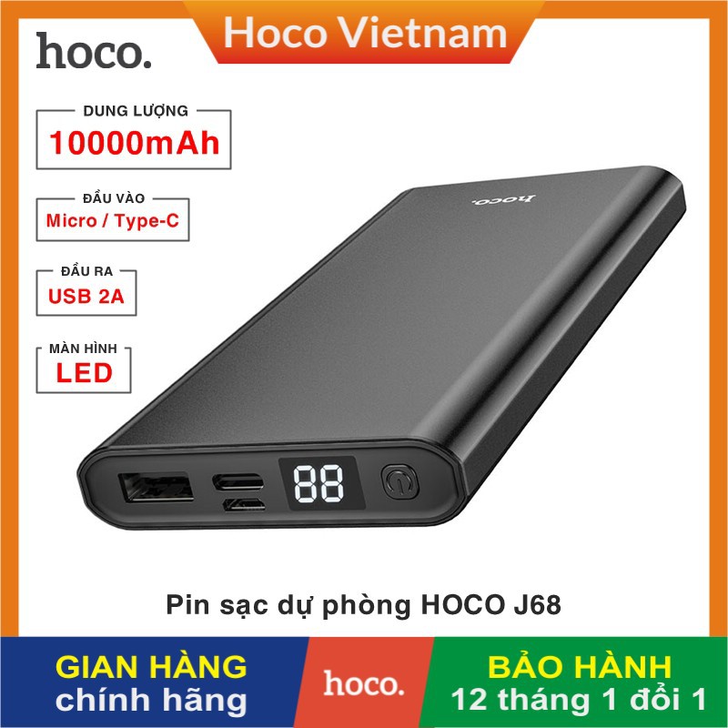 Pin sạc dự phòng di động CHÍNH HÃNG HOCO J68 dung lượng 10000mAh, đầu vào Micro/Type-C, cổng ra USB 2A, có màn hình LED
