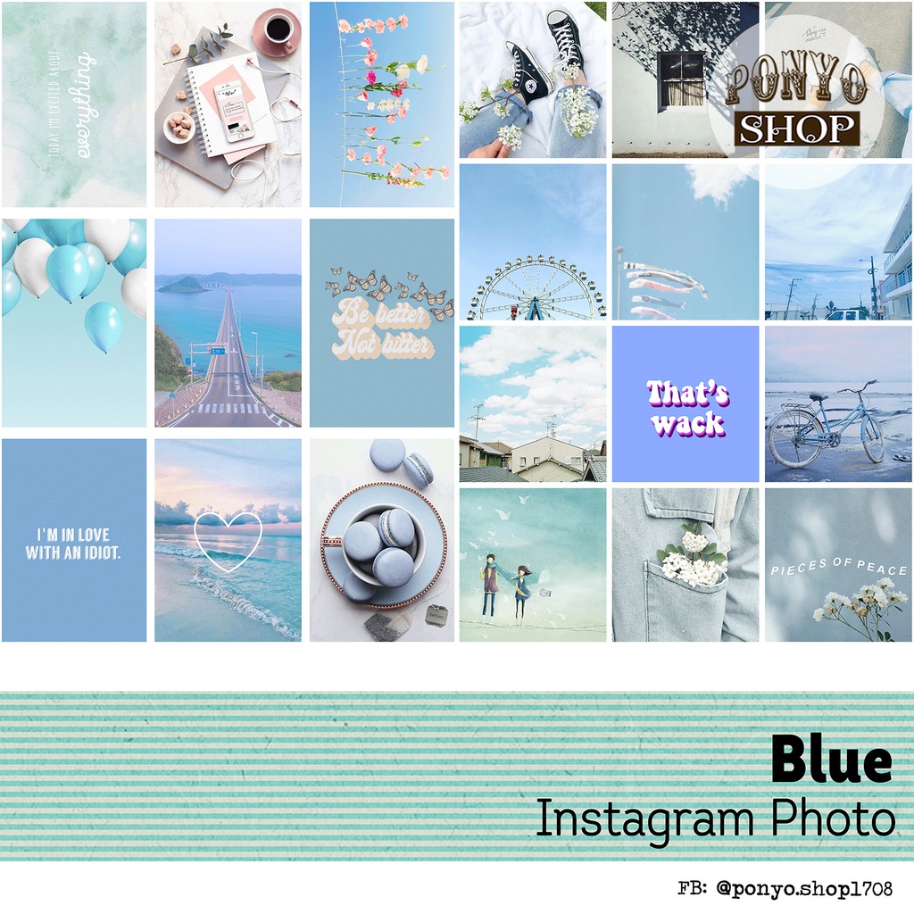 Set 21 sticker nhãn dán ảnh phong cách Instagram (Xanh da trời) trang trí Scrapbook/Planner