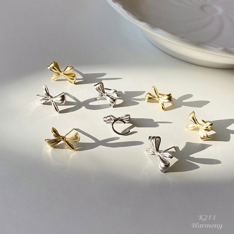 Bông, khuyên tai nữ bạc 925 cao cấp mạ vàng nơ mảnh kẹp vành sang chảnh HARMONY K213