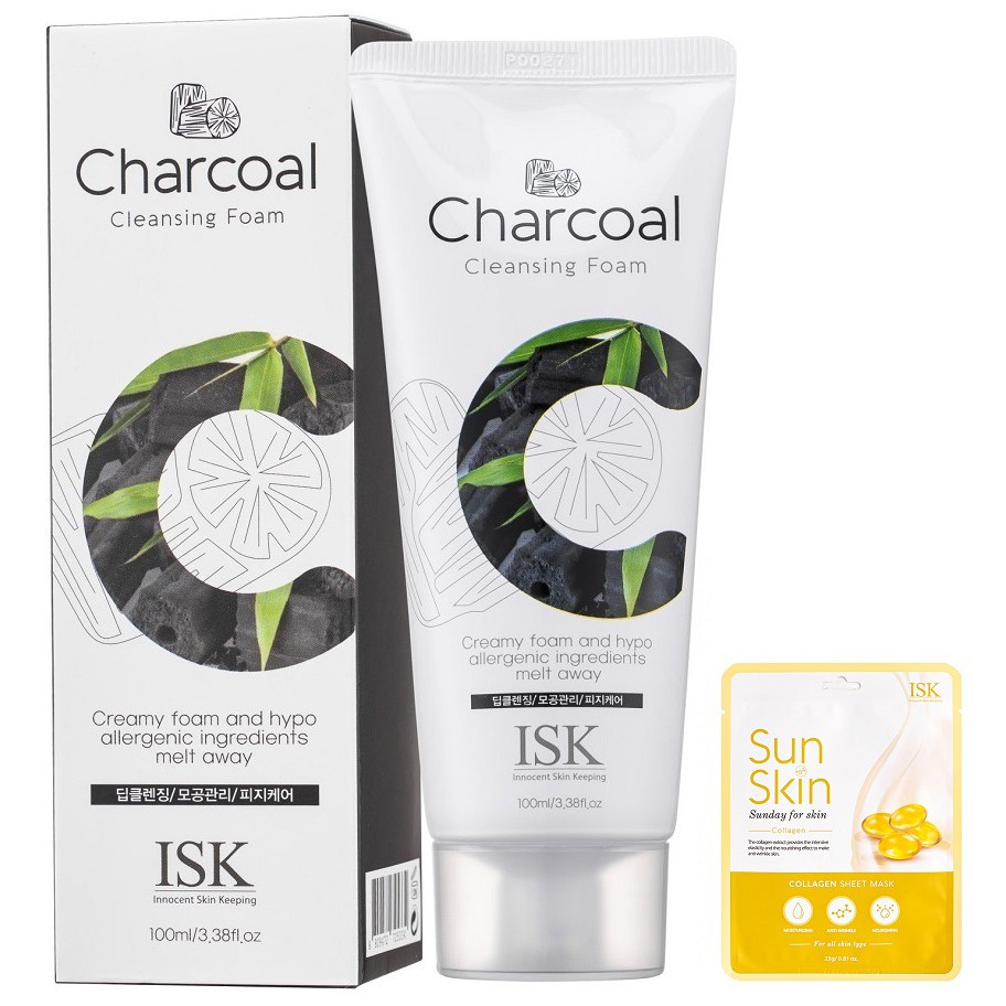 Sữa rửa mặt dành cho nam Beauskin ISK Charcoal Cleansing Foam Hàn 100ml/ Hộp Và 1 mặt nạ collagen Beauskin Isk 23ml/gói