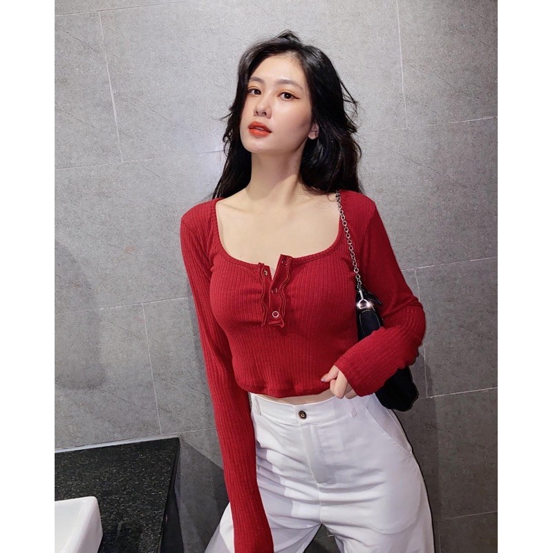 ÁO BẤM NGỰC VẠT BẦU TAY DÀI [𝐂𝐇𝐎𝐂𝐎𝐋𝐀𝐓𝐄 𝐦𝐢𝐱𝐱] Button Croptop