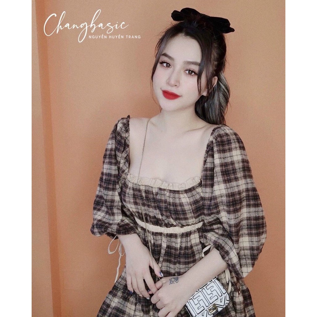 Đầm Xòe Tay Dài Dễ Thương Họa Tiết Karo Sang Trọng 2 Màu Cổ Vuông Phối Bèo lụa Cực Xinh Thời Trang Dạo Phố - Winchois | BigBuy360 - bigbuy360.vn