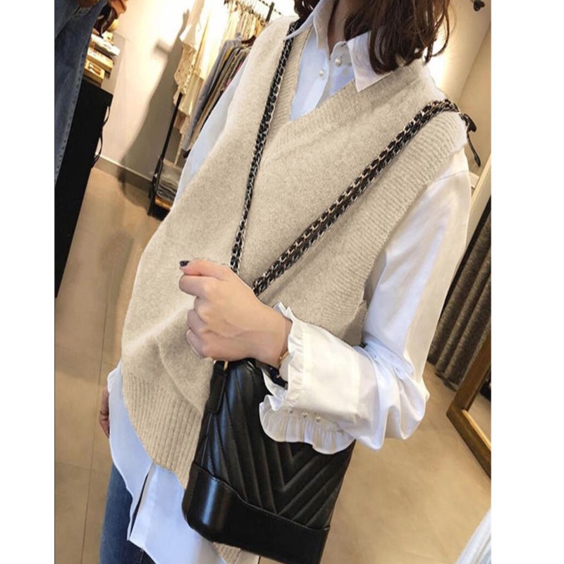 Áo Sweater Dệt Kim Không Tay Cổ Chữ v Màu Sắc Đơn Giản Phong Cách Retro Hàn Quốc