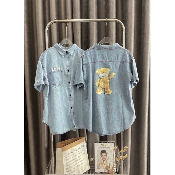 Áo sơmi jean in gấu form dài giấu quần - Áo form dài chất jean
