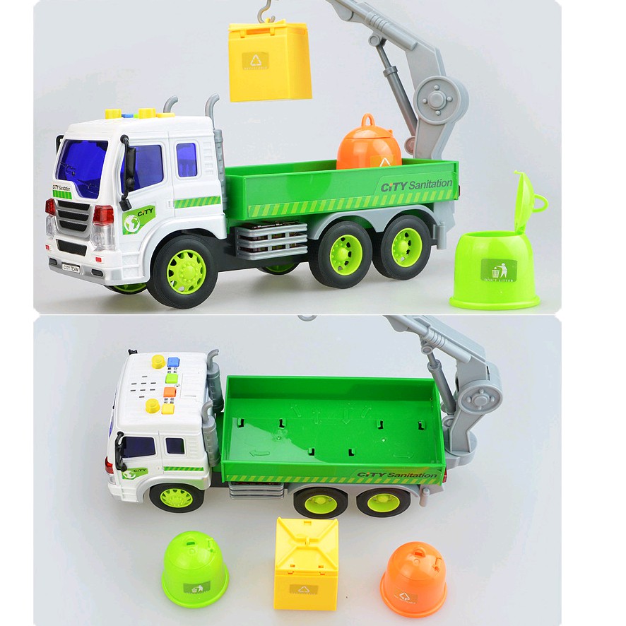 Xe ô tô chở rác có cẩu móc xe đồ chơi trẻ em bằng nhựa có âm thanh và đèn tỉ lệ 1:16