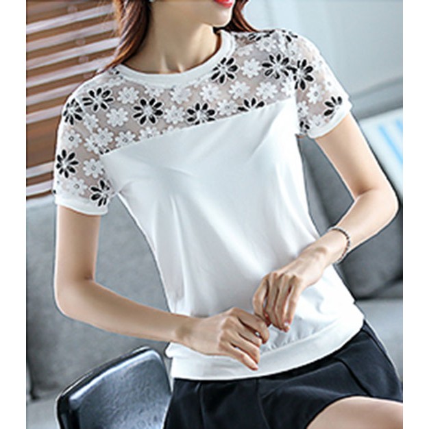 Áo kiểu phối ren tay ngắn bo eo