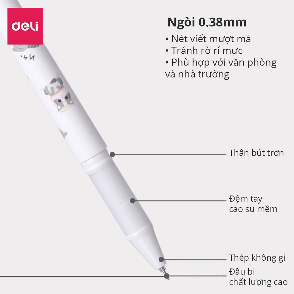 Bút bi nước học sinh mực gel đen 0.38mm Deli họa tiết đáng yêu nét viết đều trơn tru lâu hết mực chất lượng cao A416