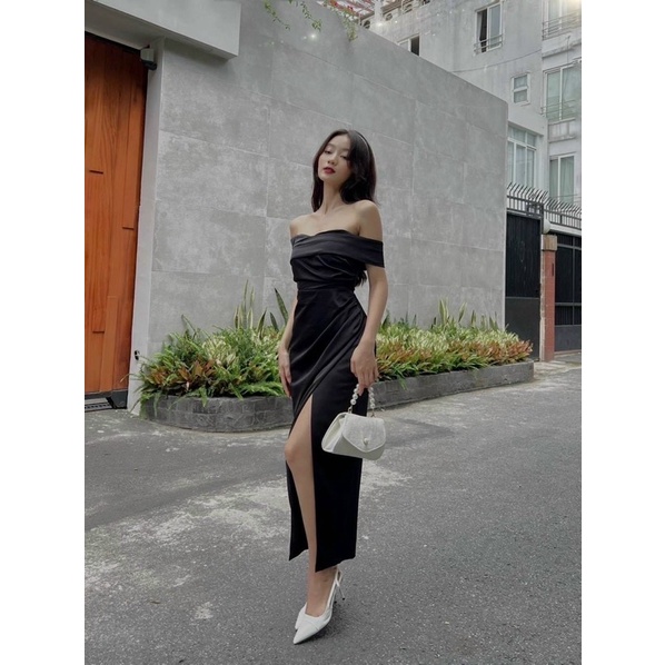 Đầm maxi bẹt vai xẻ đùi TRIPBLE T DRESS chất phi thun lụa - MS240Y