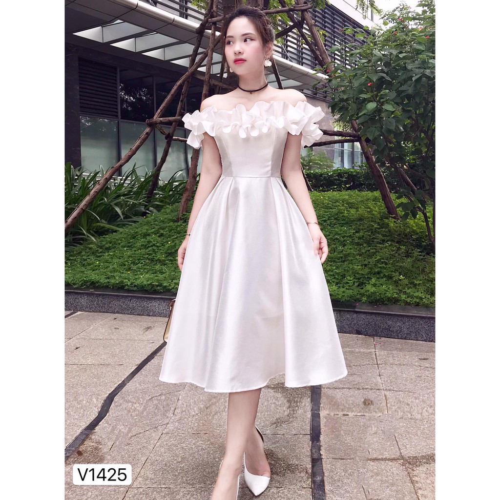 Đầm trắng trễ vai dáng xòe công chúa V1425_ Đậu Studio [Kèm ảnh thật] | BigBuy360 - bigbuy360.vn