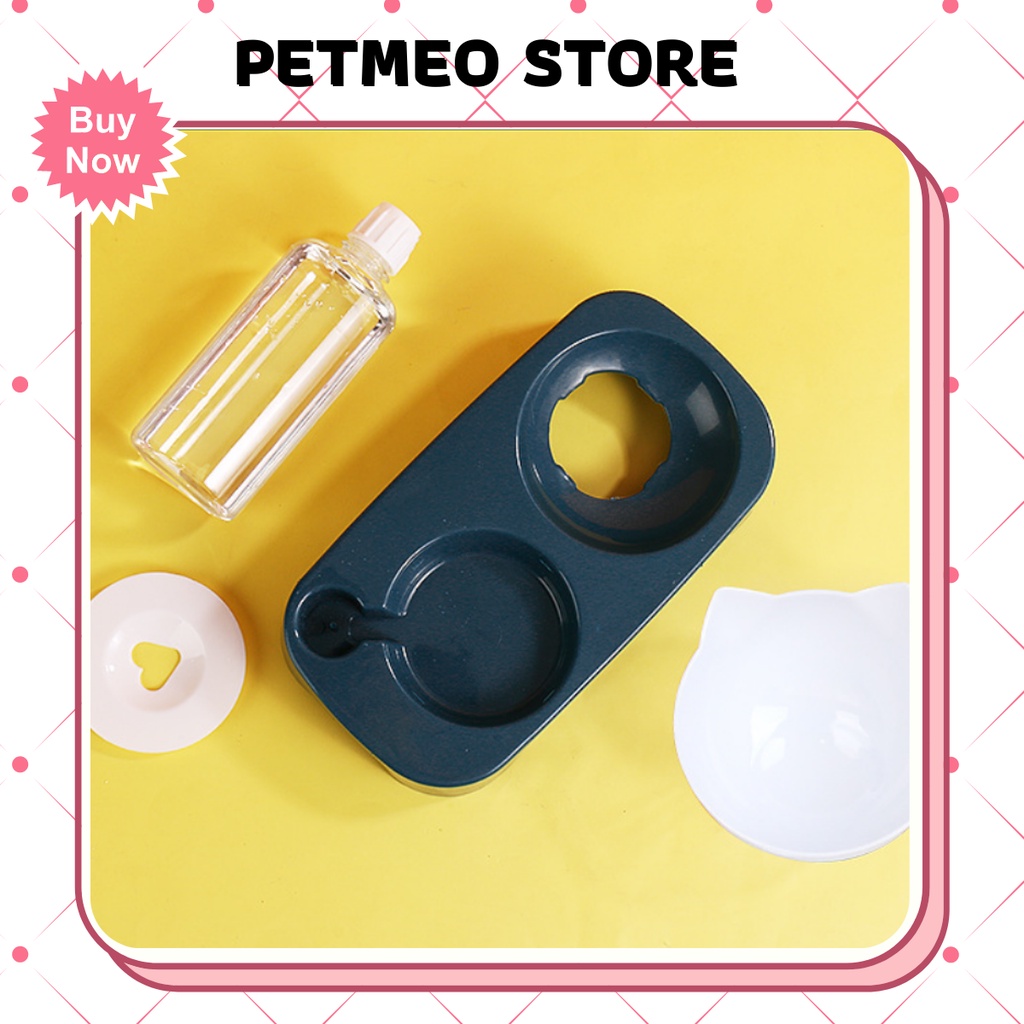 Bát ăn chống gù cho chó mèo kèm bình nước tự động 500ml - PETMEO