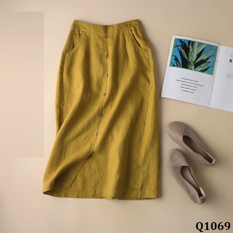 Q1069 - ENDA KISUHI Chân Váy Linen Lưng Cao Đơn Giản