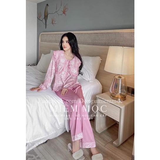 Set đồ ngủ lụa xước tiểu thư thiết kế QC siêu sang xịn
