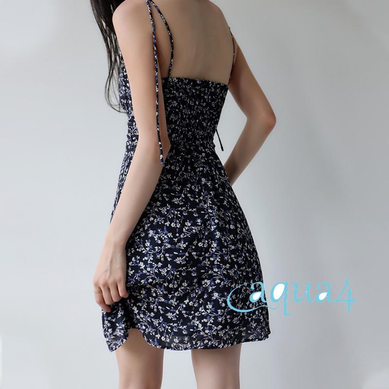 ANANA-Women Tie-up A-line Dress, Slim-fit Backless Floral Print V-neck Spaghetti Strap One-piece
