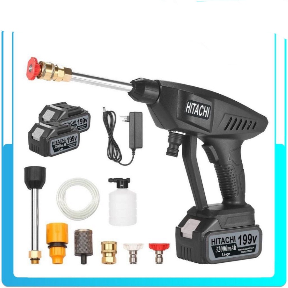 Máy xịt rửa xe máy ô tô cao áp có áp lực cao tạo bọt tuyết HITACHI 199V cầm tay PIN SẠC CỰC MẠNH dùng gia đình giá rẻ