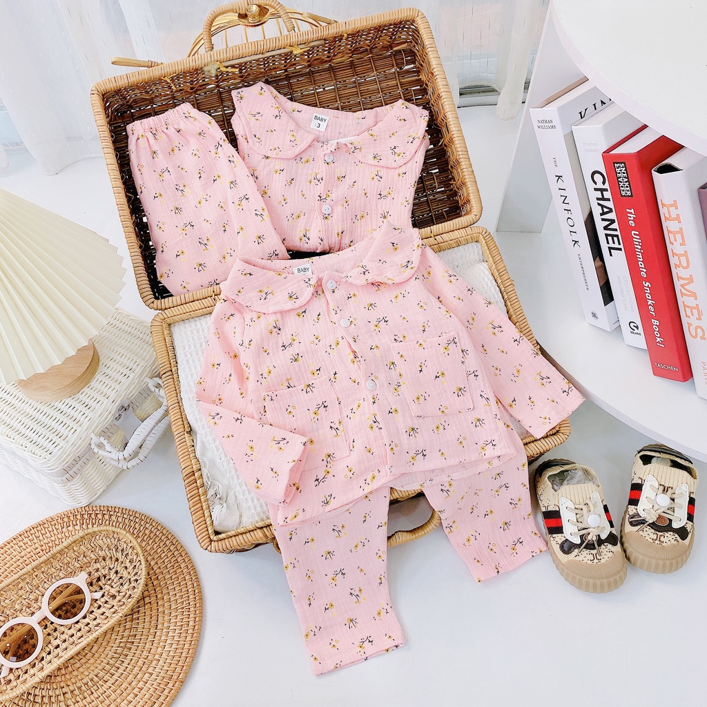 DT74 Bộ Dài Tay Vải Xô Muslin Nữ Siêu Hot Họa Tiết Hoa Quả Cho Bé Cực Xinh Chất Vải Xô Size Từ 7-18KG VNXK Nhật-Hàn