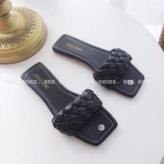 Dép nữ đế bệt quai ngang tết da lì