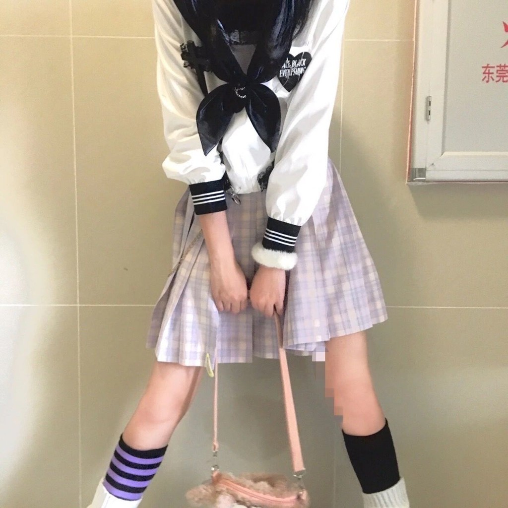 tất ống giữa sọc mùa hè cho học sinh vớ vằn màu tím bằng vải bông dài đến đầu gối nữ jk cosplay Nhật Bản