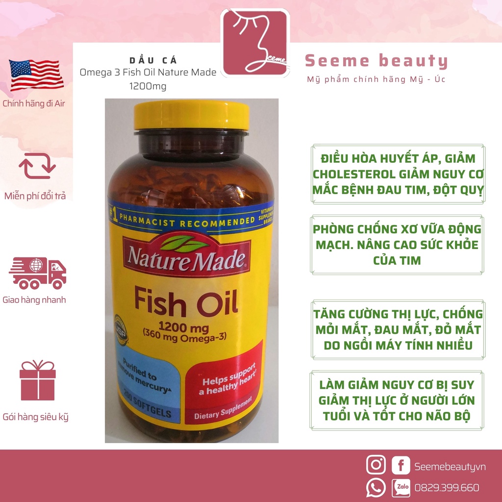 Dầu Cá Omega 3 Fish Oil Nature Made 1200mg 200 Viên Bổ Mắt SeeMe Beauty