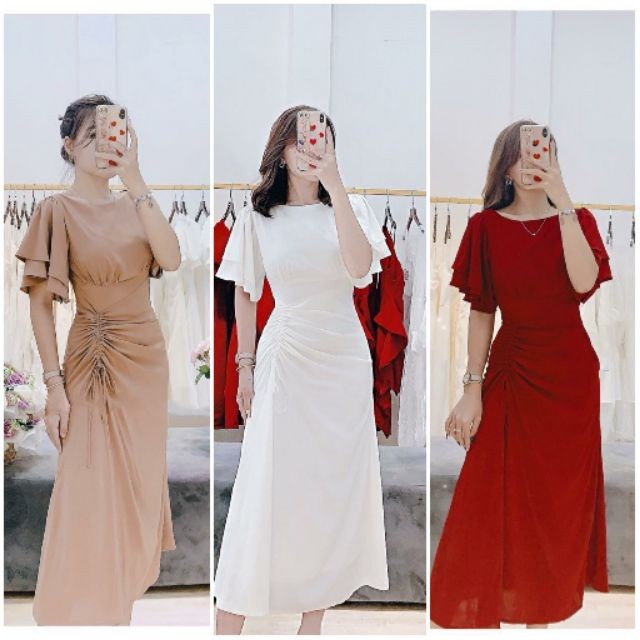 Đầm midi tay loe nhún sườn - sang chảnh - có hình thật