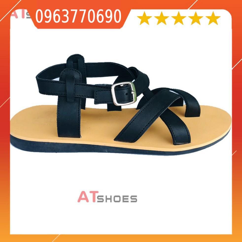 Dép Sandal Unisex cao cấp Da Bò Thật Sandal xỏ ngón nam nữ chuẩn kiểu Hàn Quốc Trẻ Trung Atshoes AT40(Đen Đế vàng)