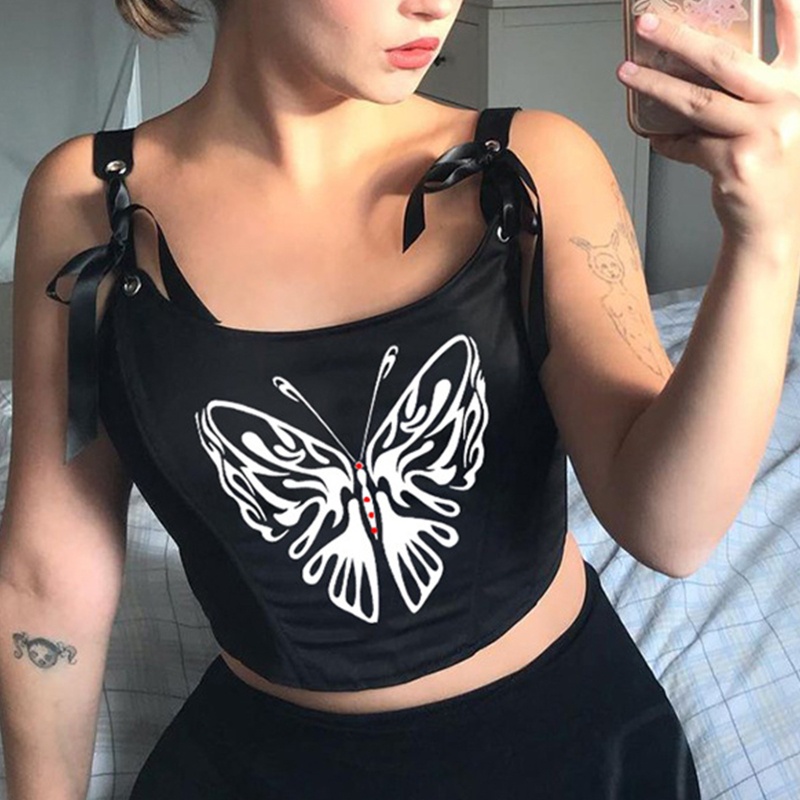 XIXI Áo Croptop Cổ Chữ U Hở Lưng In Họa Tiết Bướm Phong Cách Gothic Quyến Rũ Dành Cho Nữ